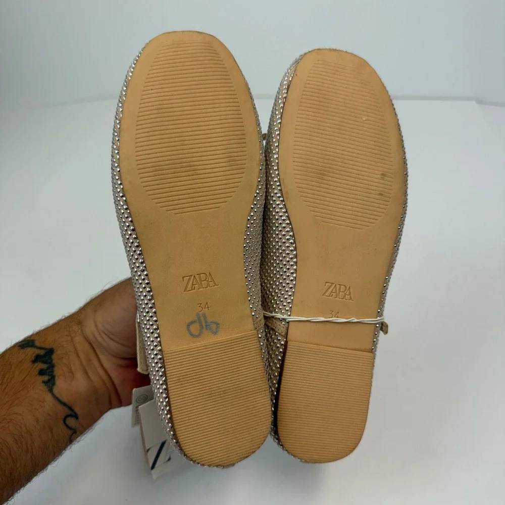 Zara Kids Rhinestone Ballet Flats Beige Silver Studded Mary Jane Shoes Size 2.5Y